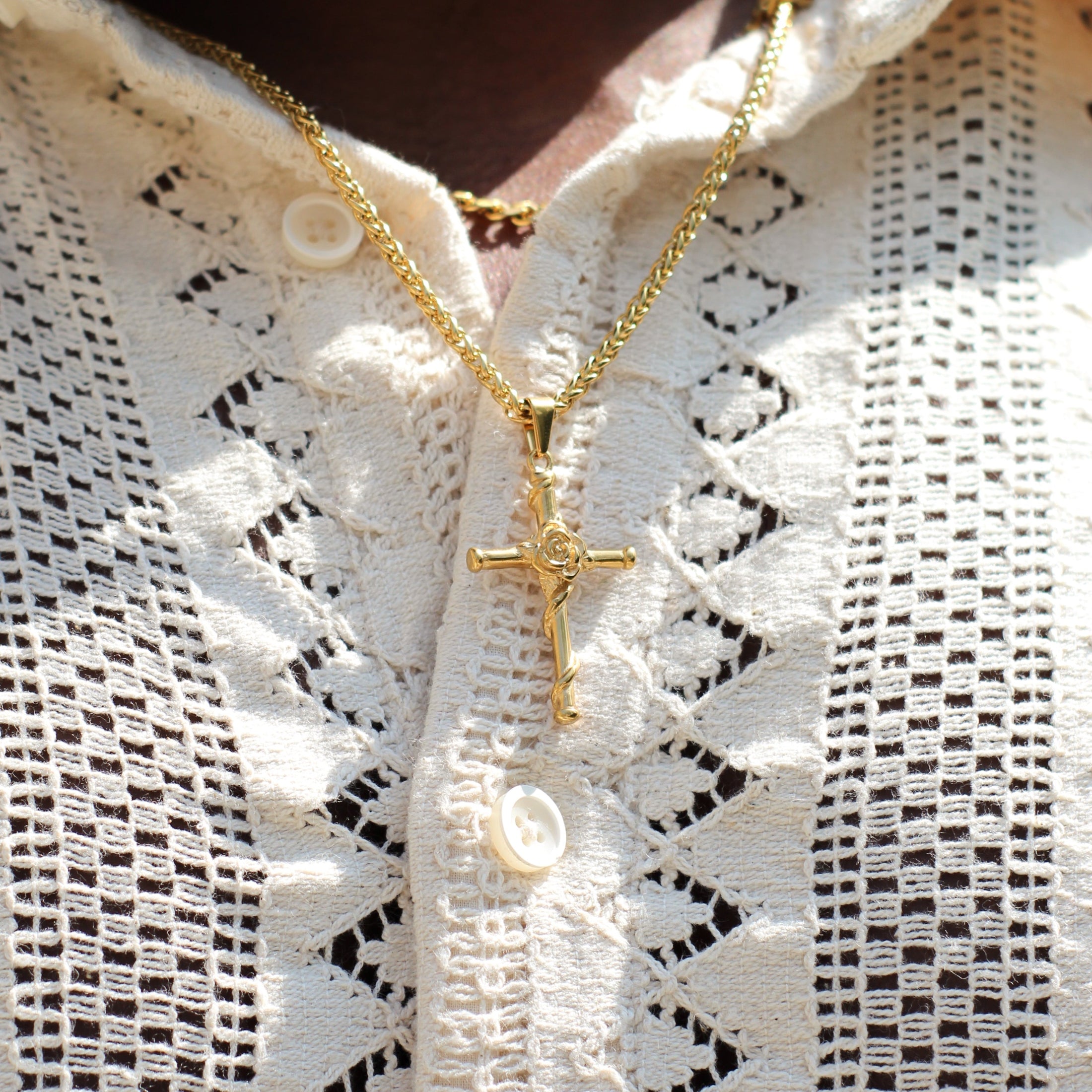 Gold Rose Cross Pendant