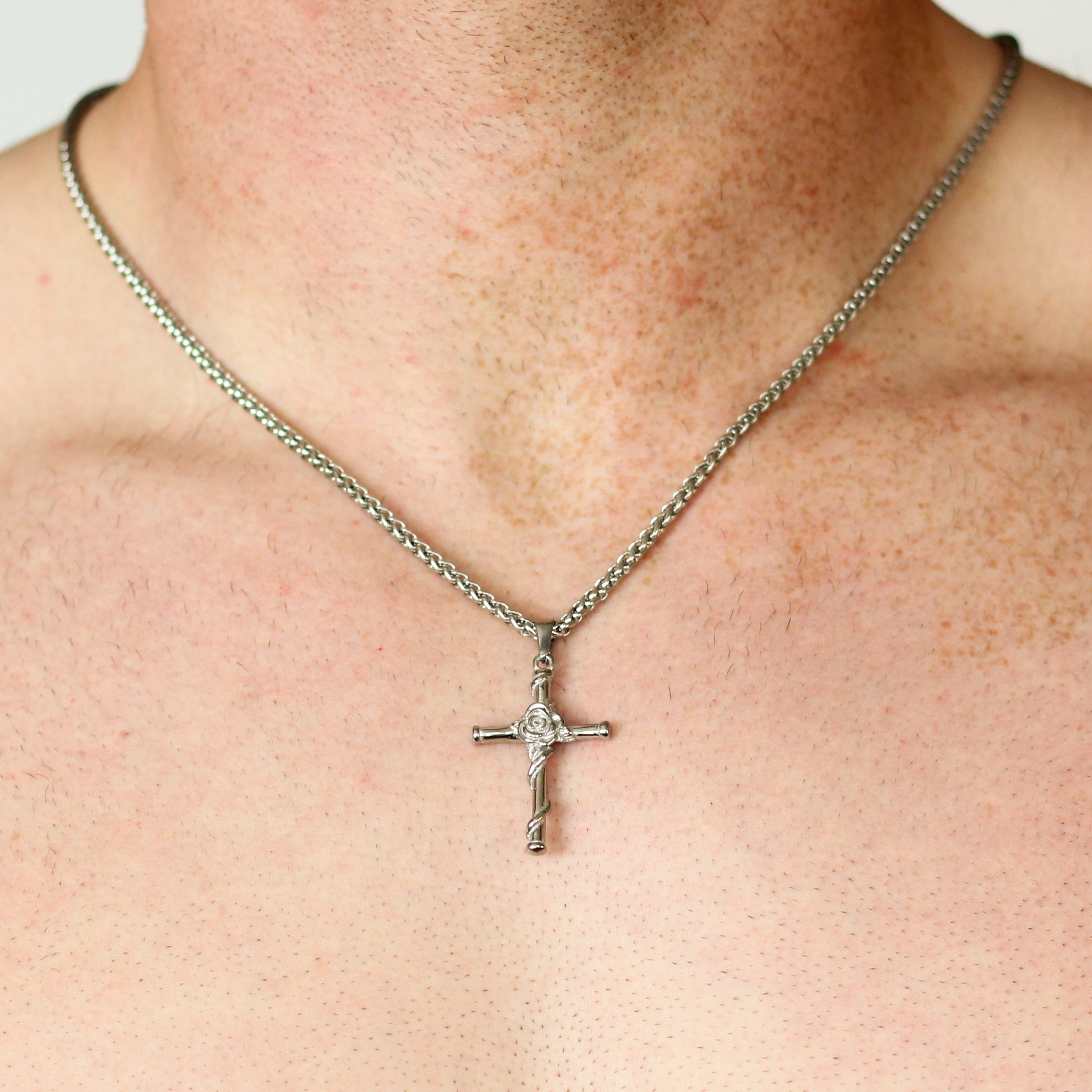 Silver Rose Cross Pendant