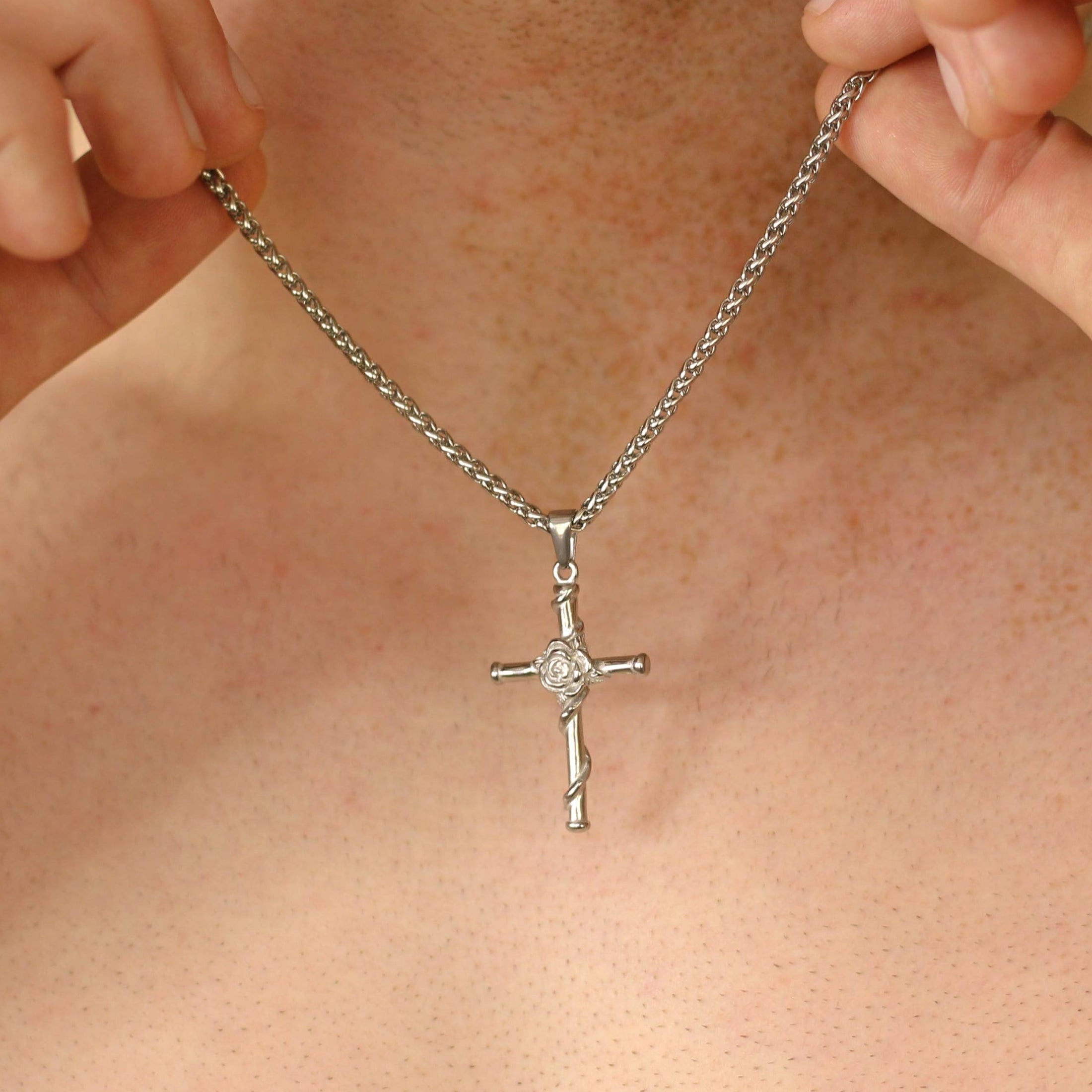 Silver Rose Cross Pendant