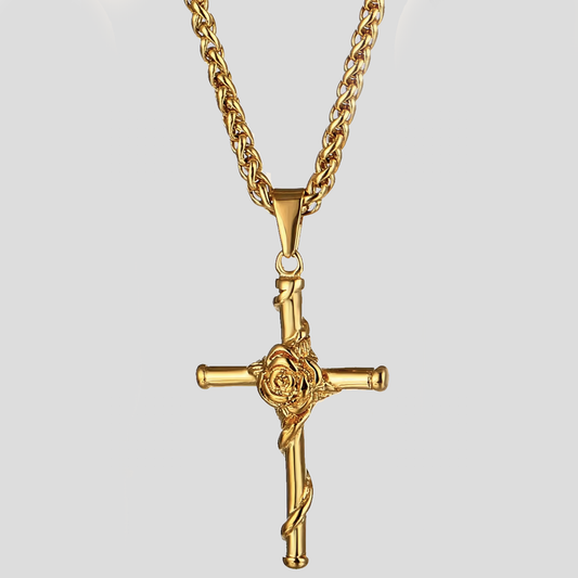 Gold Rose Cross Pendant